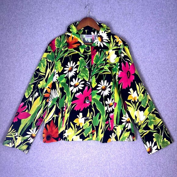 Chico's Jacket Women 2 Black Bright Floral Collared Button Front Art to Wear VTG - Picture 1 of 10